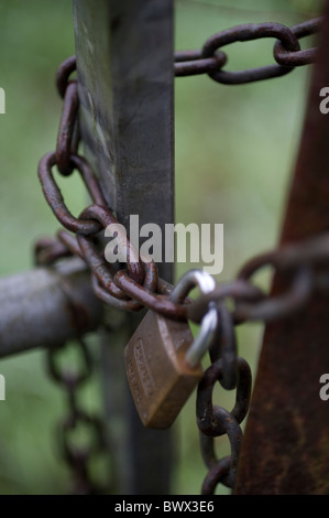 Chiuso con lucchetto in metallo gate farm Foto Stock