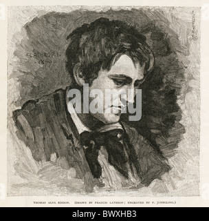 Thomas Alva Edison ritratto inciso da un 1879 rivista. Disegnata da Francesco Lathrop; incisi da F. Jungeling. Foto Stock