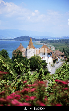 Alberi nel canton Berna lago sul lago di Bienne mare Erlach case case castello Svizzera Europa panoramica weat nuvole Foto Stock