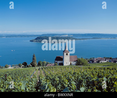 Svizzera Europa canton Berna Seeland Ligerz chiesa vigneti lago sul lago di Bienne mare Foto Stock