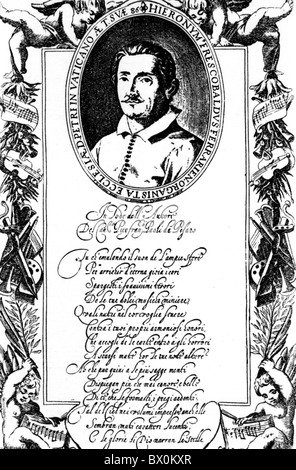 GIROLAMO FRESCOBALDI (1583-1643) tastiera italiana compositore in un 1637 illustrazione per un elogio per la sua musica Foto Stock