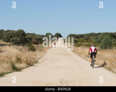 Walker e il ciclista sul Camino de Santiago, Spagna Foto Stock