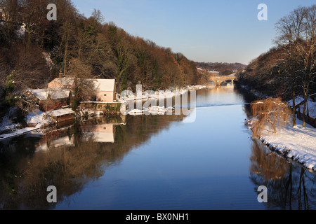 Il Mill House e Durham School boat house si vede riflessa nel fiume usura, Durham City, England, Regno Unito Foto Stock