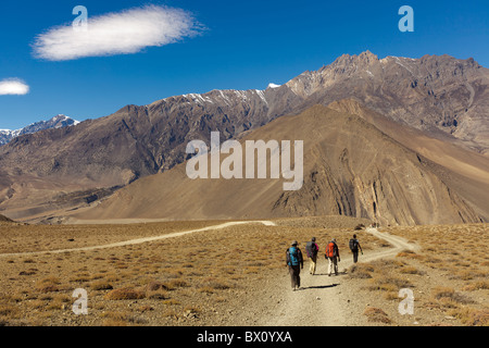 Quattro escursionisti a piedi nel paesaggio di Annapurna, Nepal Foto Stock