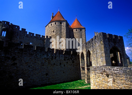 Porta Narbonense, Porte Narbonnaise, fortezza militare, Cataro guerre crociate albigese, La Cite, città di Carcassonne, Languedoc-Roussillon, Francia Foto Stock