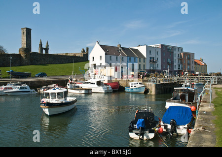 Dh St Andrews harbour St Andrews Fife barche edifici sul lungomare e cattedrale ormeggiati anchorage Foto Stock