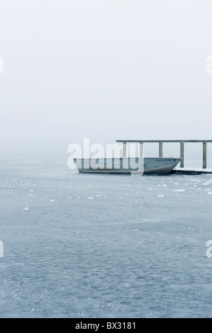 Canotto congelate in ghiaccio, lago Llangorse, Parco Nazionale di Brecon Beacons, Galles Foto Stock