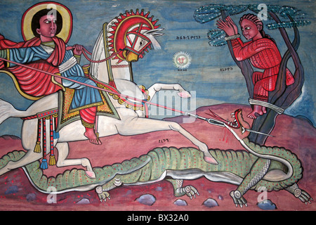 Tradizionale pittura etiope che mostra San Giorgio che uccide il drago Foto Stock