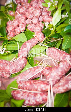 Salumi crudi in foglie di alloro Foto Stock