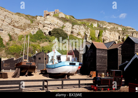 Il Rock-a-area di Nore e Stade a Hastings in East Sussex, Regno Unito Foto Stock