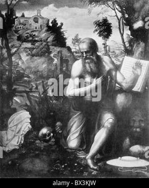 San Girolamo nel deserto; dopo Giovanni Antonio Bazzi o il Sodoma; Bianco e Nero illustrazione; Foto Stock