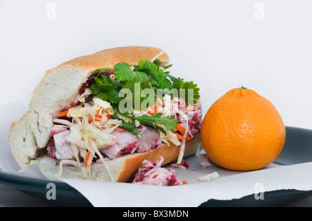 Di ispirazione asiatica sapori riempire questo sandwich realizzati con i resti della Turchia, salsa di mirtilli, il coriandolo, cavolo e spezie. Foto Stock