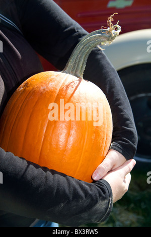 Donna scegliendo una zucca in un orto di zucche in Fruitland, Idaho, Stati Uniti d'America. Signor Foto Stock