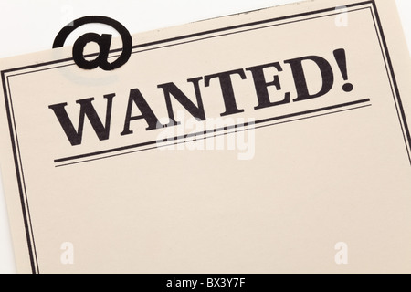 Manifesto Wanted e a firmare, concetto di Wanted online Foto Stock