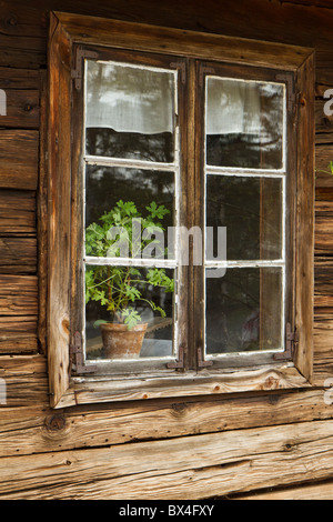 Finestra del vecchio cottage di legno, BW Foto Stock