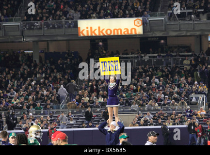 A Notre Dame cheerleader al cinquantesimo esercito rispetto al Notre Dame College del gioco del calcio, lo Yankee Stadium, Bronx NY Foto Stock