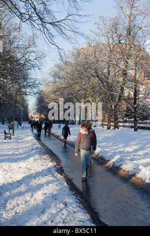 Pedoni sul prato centrale a piedi nella neve, prati, Edimburgo Foto Stock