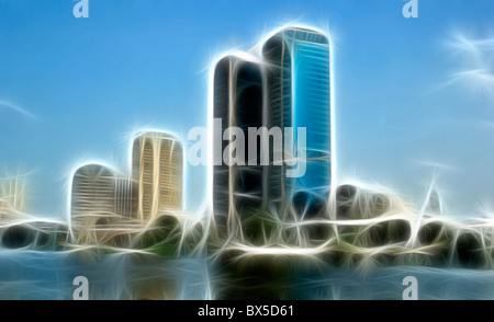 Rendering digitalmente disegno frattale del paesaggio urbano del Cairo in Egitto. Fiume Nilo al di sotto. Foto Stock