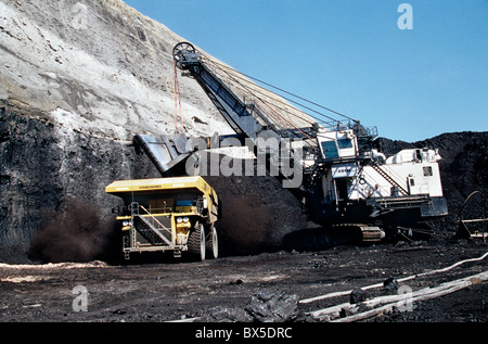 Carbone, miniere di superficie, P & H Electric pala di caricamento servizio ruvida autocarro con cassone ribaltabile. Foto Stock
