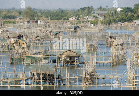 Le penne di pesce nel canale attraverso le zone umide in corrispondenza di estremità sud del golfo di Lingayen, vicino Dagupan, nordovest di Luzon, Filippine Foto Stock