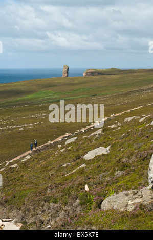 Dh HOY ORKNEY due escursionisti a piedi sul percorso a piedi per il vecchio uomo di Hoy Foto Stock