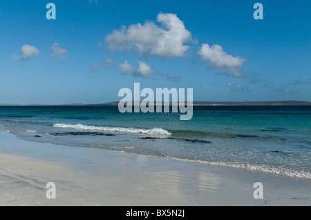 Dh EGILSAY ORKNEY Egilsay spiaggia sabbiosa isola di Eday in lontananza nessuno isles regno unito Foto Stock