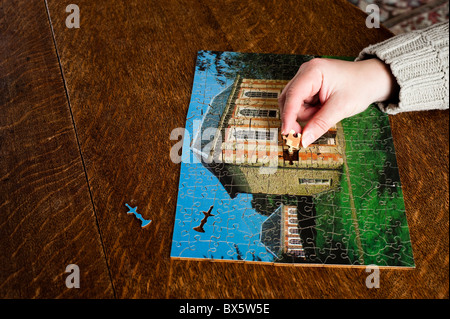 Uomo al lavoro su un punto di riferimento di fiducia puzzle della biblioteca, nel Devon, Regno Unito Foto Stock