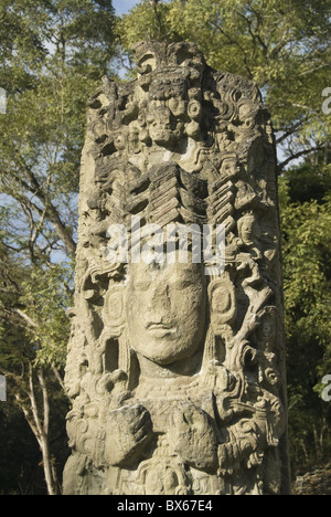 Una stele risalente al 731 D.C. Copan parco archeologico, Sito Patrimonio Mondiale dell'UNESCO, Copan, Honduras, America Centrale Foto Stock