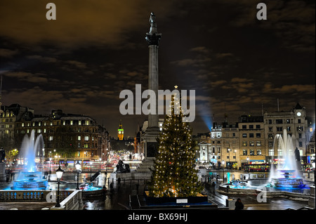 Trafalgar Square a Londra, Inghilterra, Regno Unito, di notte, in inverno, con norvegese albero di Natale. Foto Stock