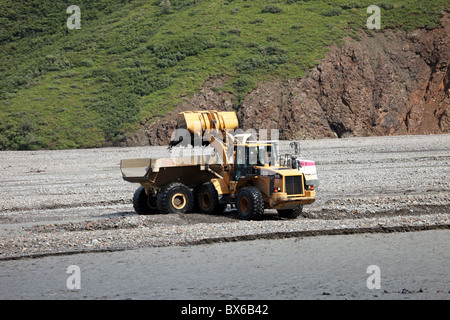 Attrezzature, un caricatore il riempimento di un autocarro con cassone ribaltabile con rocce durante costruzione al Parco Nazionale di Denali, Alaska, STATI UNITI D'AMERICA Foto Stock