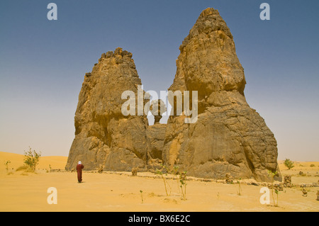 Strano rock formazione La Vache qui Pleure (la mucca che grida), vicino Djanet, Algeria, Africa Settentrionale, Africa Foto Stock