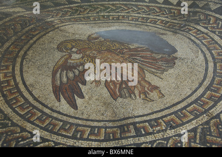 Pavimento a mosaico figura con gli uccelli rapaci, 350 annuncio Villa Romana di Bignor, West Sussex, in Inghilterra, Regno Unito, Europa Foto Stock