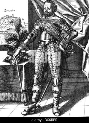 Werth, Johann von, circa 1595 - 16.9.1652, generale imperiale, a piena lunghezza e incisione su rame da Berhard Fuerst, 1637, fortezza Hermanstein (oggi Ehrenbreitstein) in background, , artista del diritto d'autore non deve essere cancellata Foto Stock