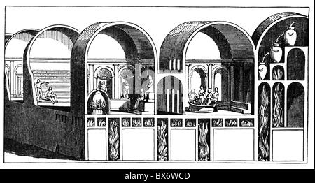 Bagni, mondo antico, Impero Romano, Tepadarium e Caldarium, terme di Tito (Imperatore 79 - 81) a Roma, ricostruzione, disegno, XIX secolo, bagno di sudore, Romani, riscaldamento, antichità, i secolo, storico, storico, mondo antico, persone, diritti aggiuntivi-clearences-non disponibili Foto Stock