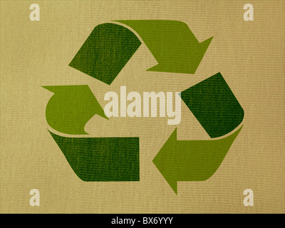 Verde simbolo di riciclaggio su uno sfondo di tessuto Foto Stock