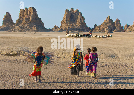 Local lontano i bambini con le loro pecore, Lac Abbe (Lago Abhe Bad) con i suoi camini, la Repubblica di Gibuti, Africa Foto Stock