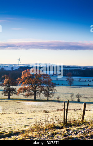 La mattina presto su Coleshill, Oxfordshire guardando verso Westmill Wind Farm e Wiltshire, Inghilterra, Regno Unito Foto Stock