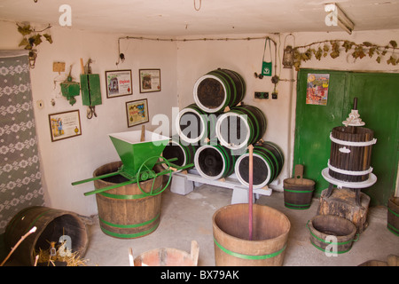 Interrior di una vecchia cantina con botti e strumenti per la produzione di vino Foto Stock