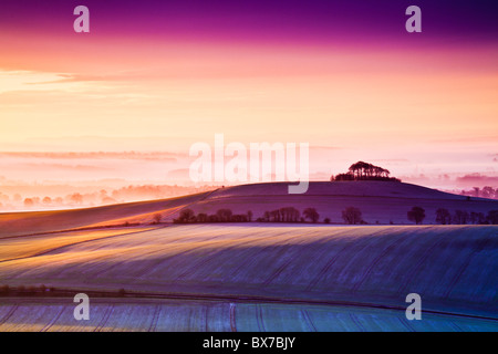 Gelido inverno alba dal camminatore di collina sopra la valle di Pewsey nel Wiltshire, Inghilterra, Regno Unito Foto Stock