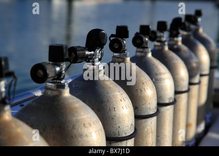 Fila di serbatoi aria compressa come essi vengono utilizzati durante un viaggio sub. Foto Stock