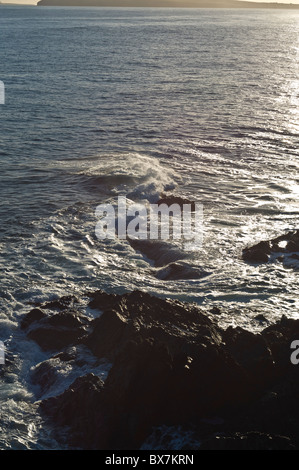 Dh Grim Ness SOUTH RONALDSAY ORKNEY Seawaves agitandosi sulle rocce di mare mosso Foto Stock