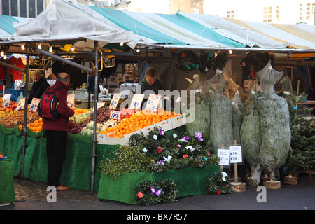 Uno stallo per la vendita di frutta e verdura e alberi di Natale su un mercato in Cambridge, Inghilterra, Regno Unito Foto Stock