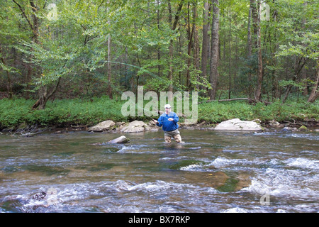 Lone pescatore a mosca sul fiume Oconaluftee vicino Cherokee, North Carolina, STATI UNITI D'AMERICA Foto Stock