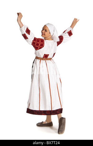 Giovane ragazza in un tradizionale nazionale rumeno costume di danza Foto Stock
