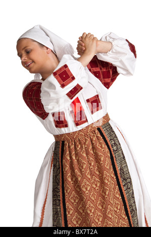 Giovane ragazza in un tradizionale nazionale rumeno costume di danza Foto Stock