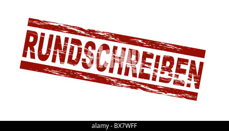 Stilizzata francobollo rosso mostra il termine tedesco Rundschreiben. Traduzione inglese: newsletter. Tutto su sfondo bianco. Foto Stock