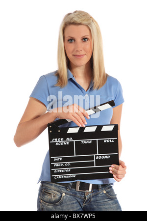 Femmina operatore della fotocamera. Tutto su sfondo bianco. Foto Stock