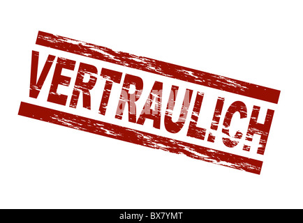 Stilizzata francobollo rosso mostra il termine tedesco vertraulich. Traduzione inglese: confidenziali. Tutto su sfondo bianco. Foto Stock