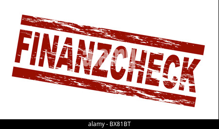 Stilizzata francobollo rosso mostra il termine tedesco Finanzcheck. Traduzione inglese: Check finanze. Tutto su sfondo bianco. Foto Stock