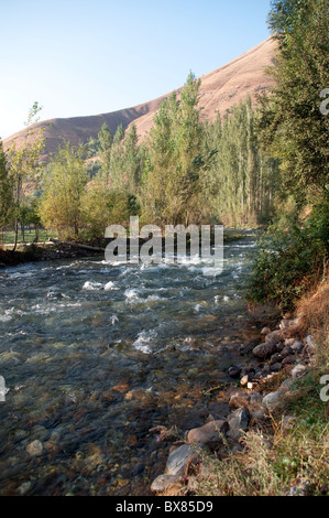 Il fiume Mukus che scorre sotto le montagne di Zagros vicino al villaggio curdo di Behcesaray, nella regione sud-orientale dell'Anatolia della provincia di Van, Turchia. Foto Stock